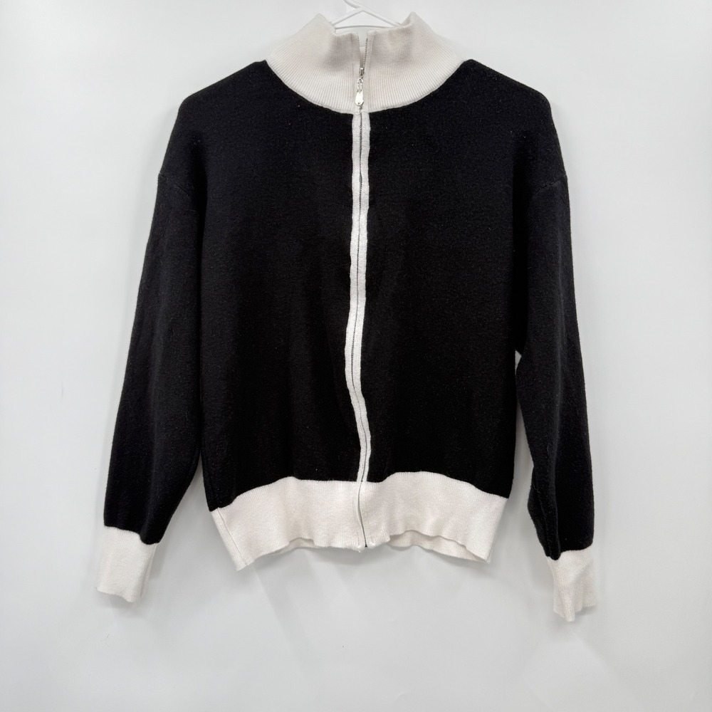 Eva Paige Black White Zip Up Mock Neck Sweater Jacket Size‎ M